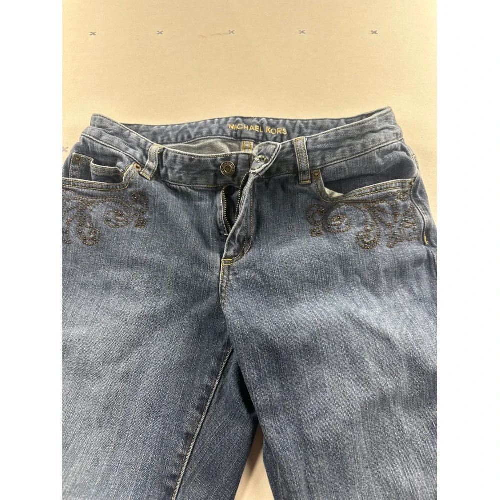 Michael Kors Womens Flare Leg Jeans Blue Beaded Embroidered Denim Size 8